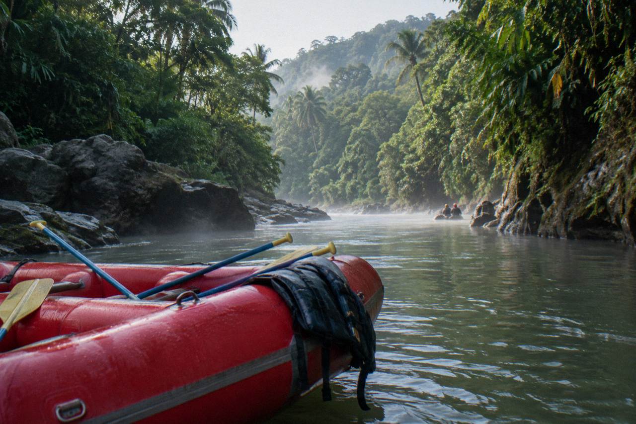 A raft floating through a calm green jungle canyon between rapids on a Pacific slope river