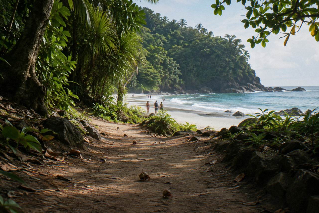 Forest trail curving toward a bright Pacific beach cove with rocky headland
