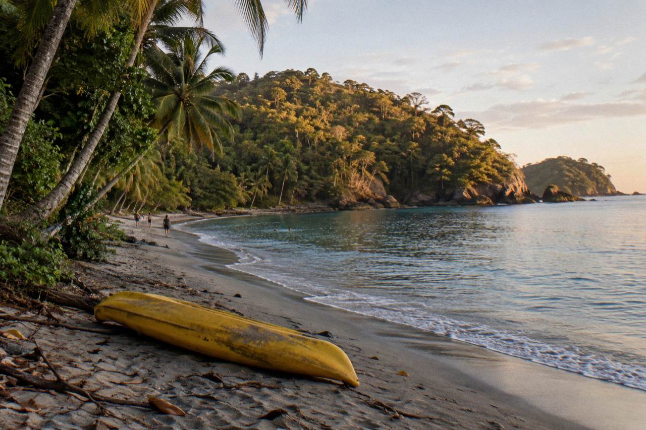 Palm-lined beach cove with forested hills meeting the Pacific shoreline in late afternoon light