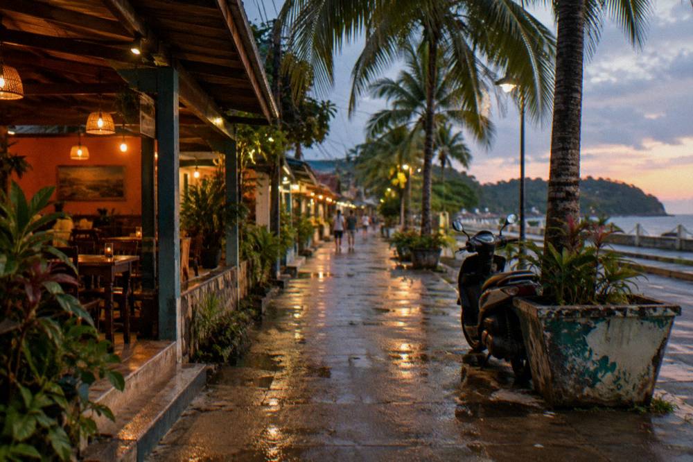 Evening street scene in Quepos with lit restaurant fronts and a few pedestrians