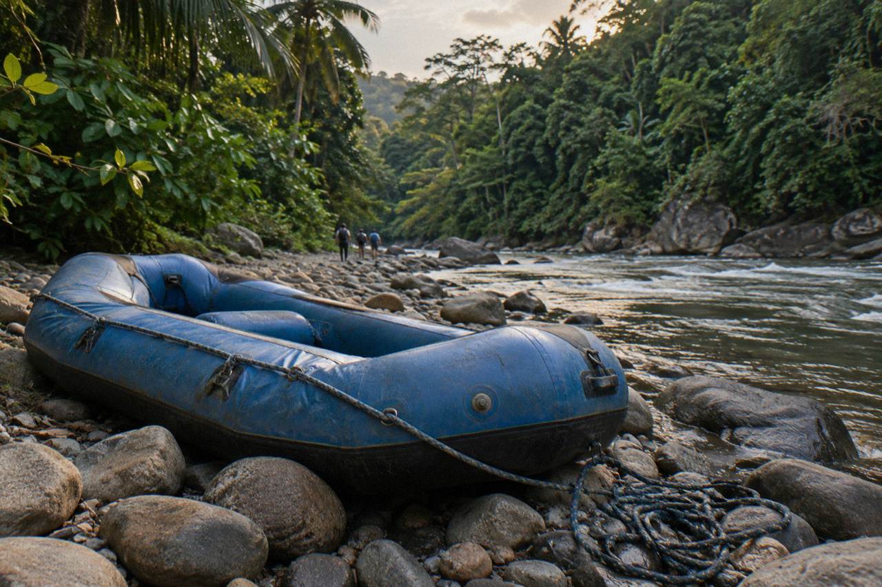 An inflatable raft resting on a rocky river bank beside dense green rainforest