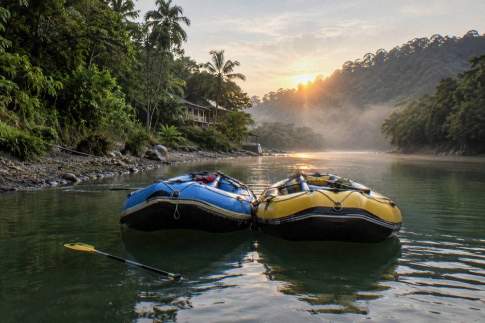 Two rafts line up in calm water between green rainforest banks