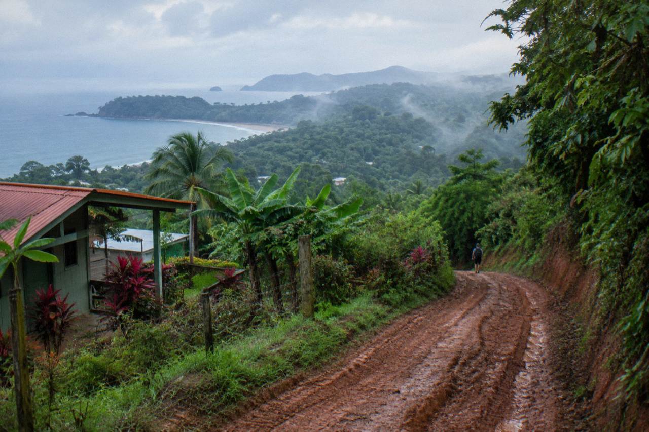 Dirt trail winding through dense green rainforest on the hills above Quepos