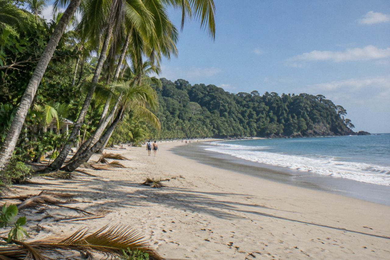 Wide sandy beach lined with palm trees curving toward green rainforest hills under a bright sky
