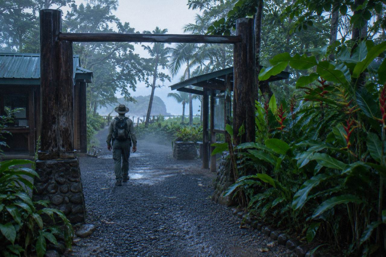 Forest trail entrance gate at Manuel Antonio National Park in early morning light