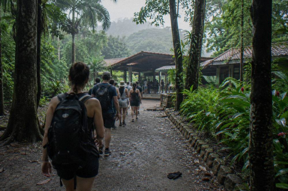 Queue of visitors walking along a shaded park path toward the Manuel Antonio entrance station