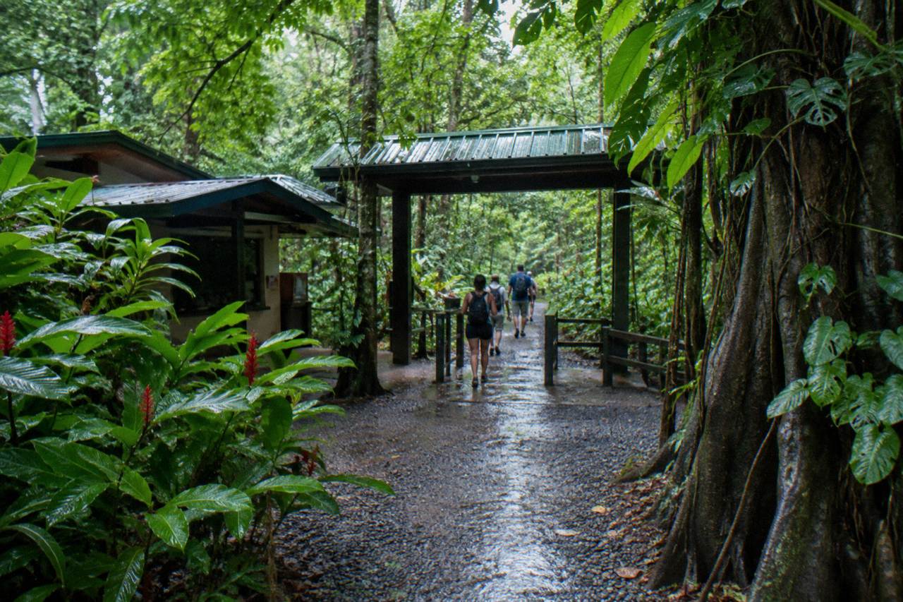 Forest trail entrance gate at Manuel Antonio National Park under dense green canopy