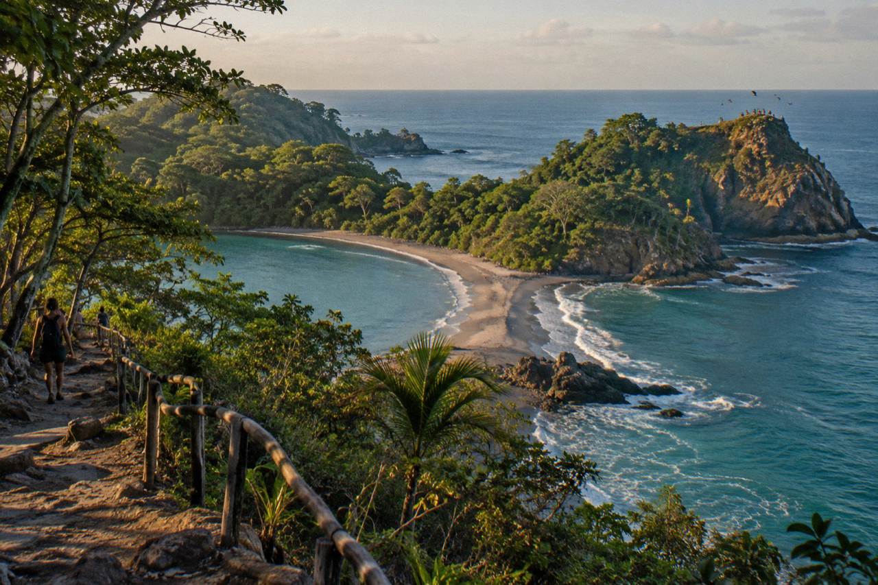 Forest trail winding through dense tropical greenery toward a sunlit clearing