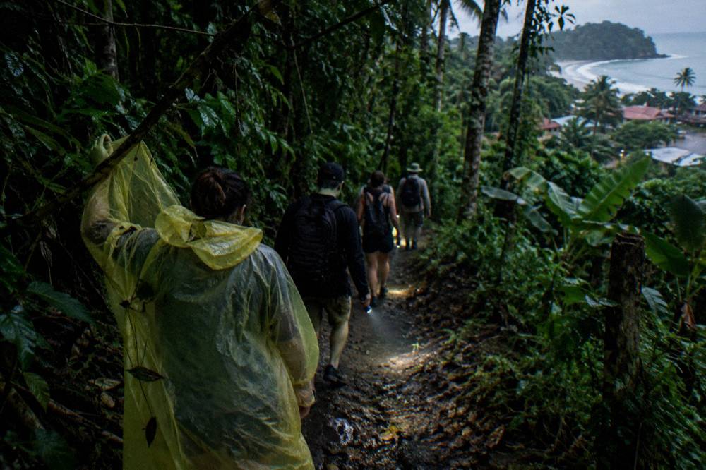 Small group with flashlights following a guide on a dark jungle trail