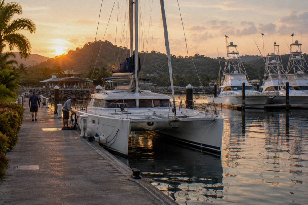 Docked white catamaran moored at a marina in warm evening light