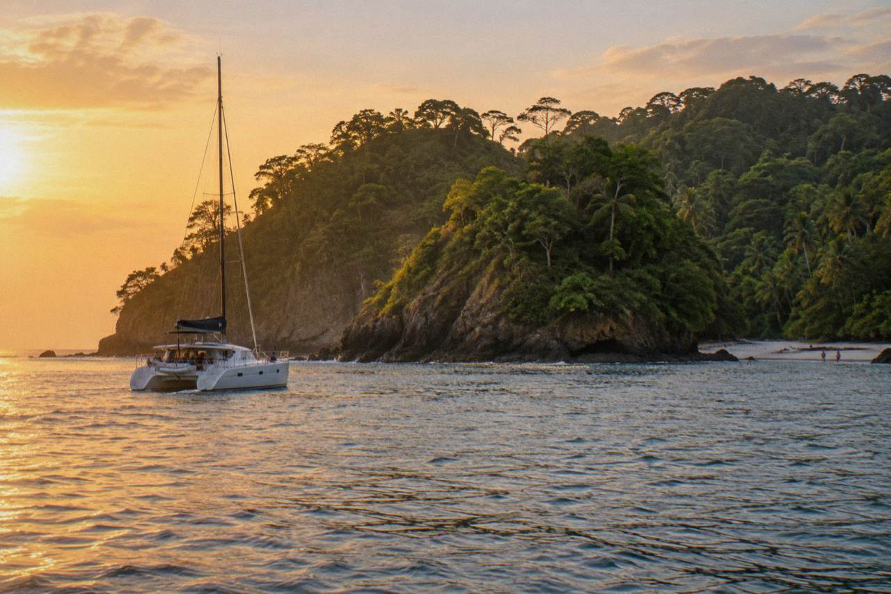 Catamaran anchored near a forested Pacific headland in early evening light