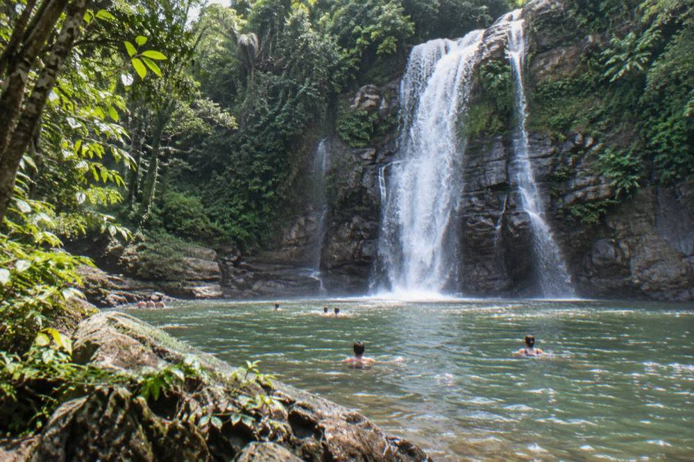 Swimmers in a wide natural pool below a high jungle waterfall