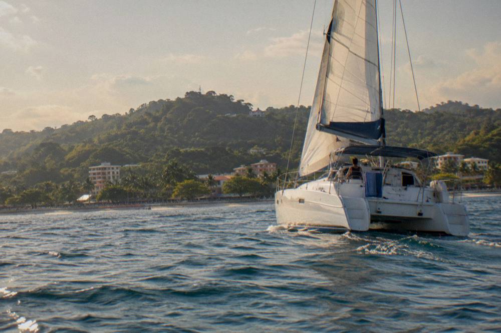 A catamaran under sail along a green coastline in late afternoon light