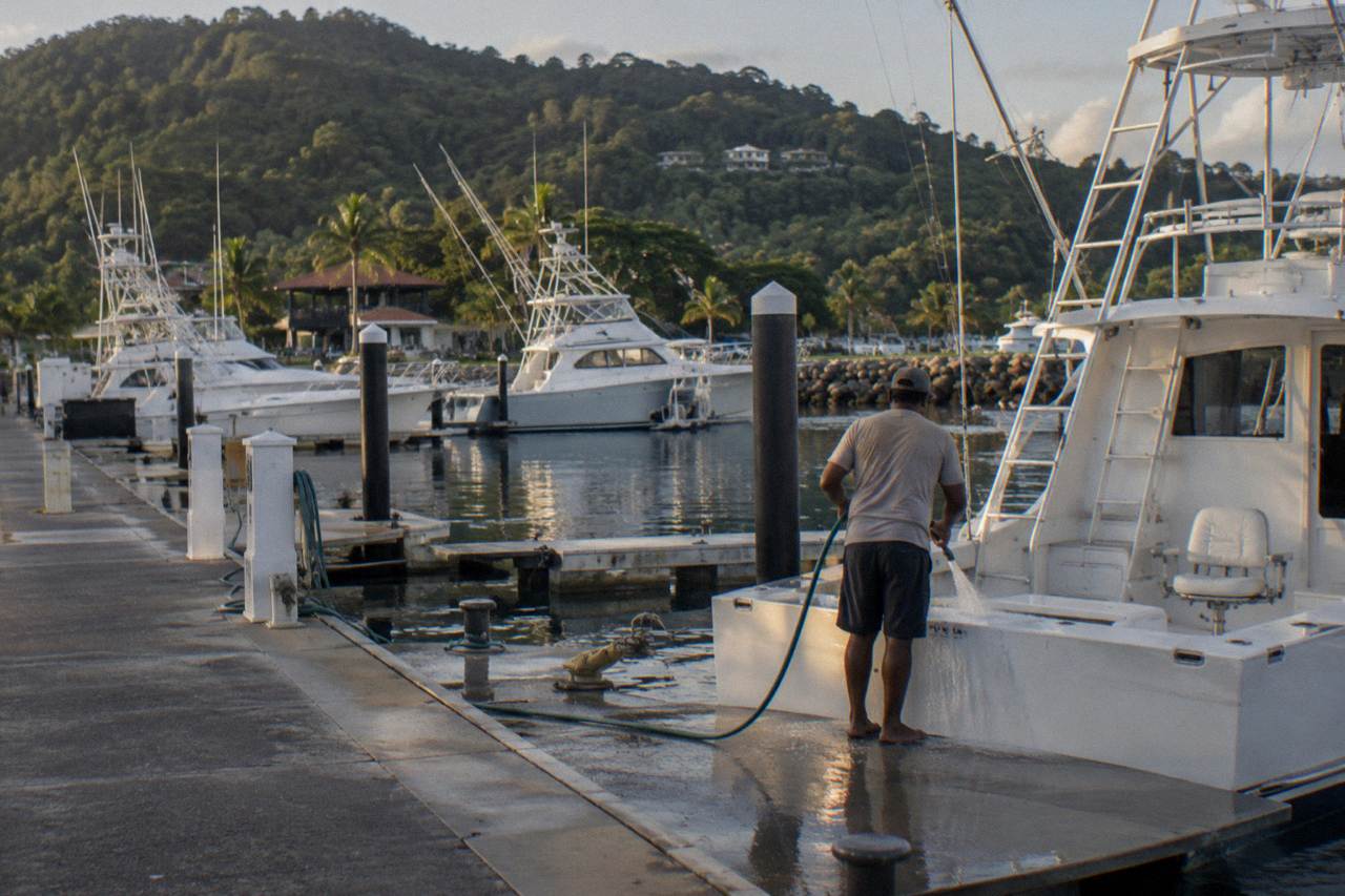 Fishing boats moored at a Pacific marina with forested hills behind them