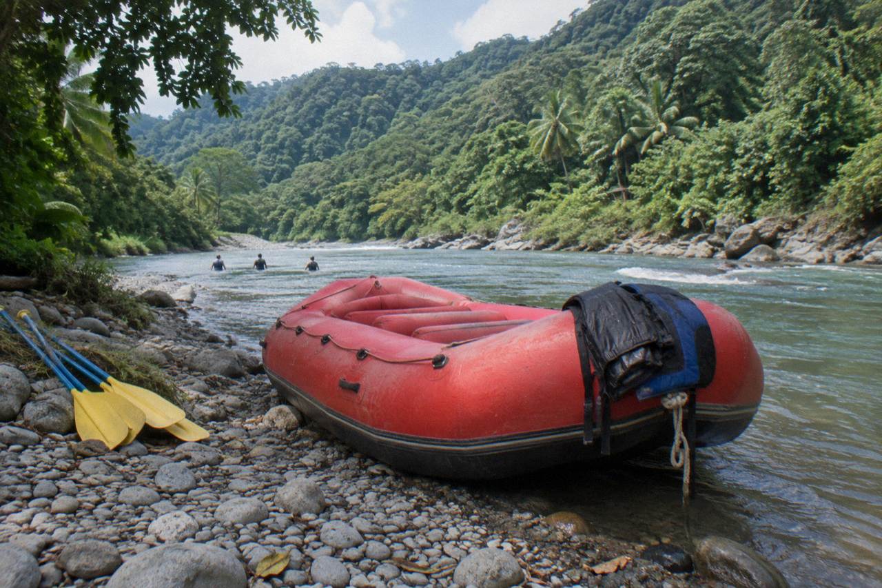 Raft pulled onto a gravel bar beside a jungle river with green hills rising behind it