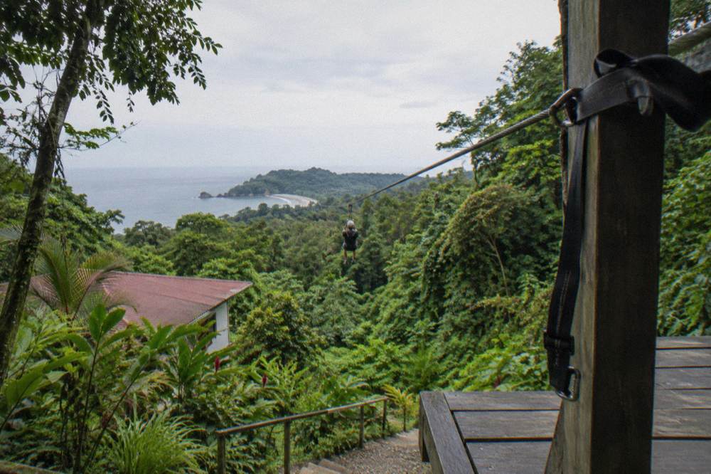 A zip line cable running through dense rainforest canopy on a green hillside