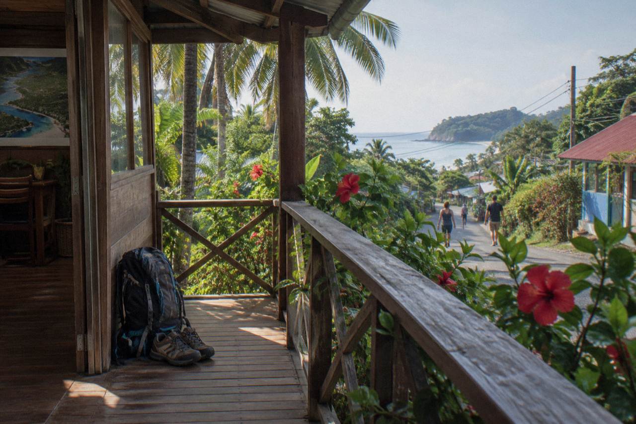 A daypack, hiking shoes, water bottle and rain jacket arranged on a wooden bench beside tropical vegetation