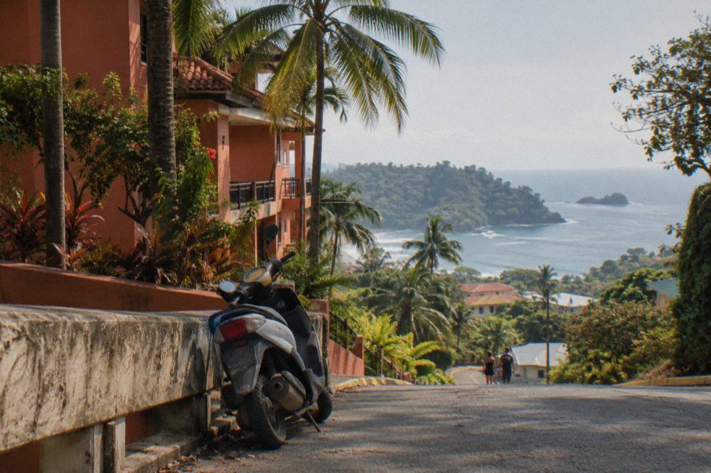 View along a coastal road with palm trees and buildings on a hillside above the sea